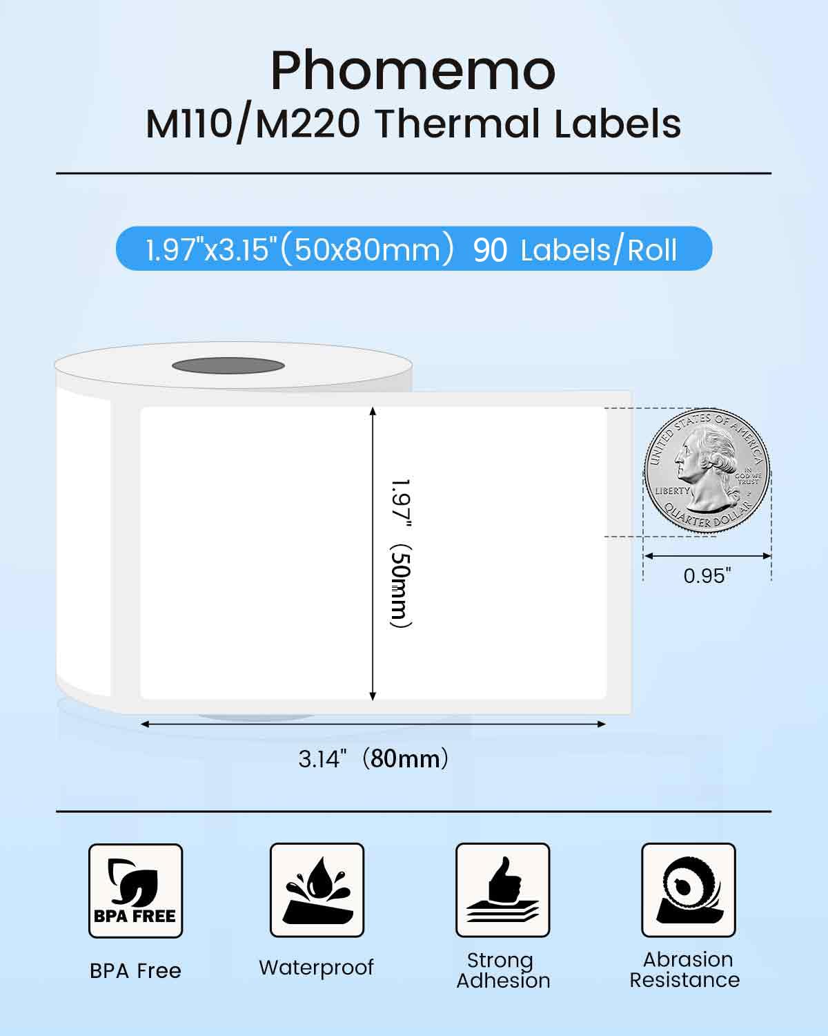Phomemo Labels M110-300 PCS Sticker Labels for M110/M220/M260/M221/M250 Label Printer,1.97"x3.15" (50mm x 80mm), 100 Labels/Roll, for Small Business, Home, Office, Black on White