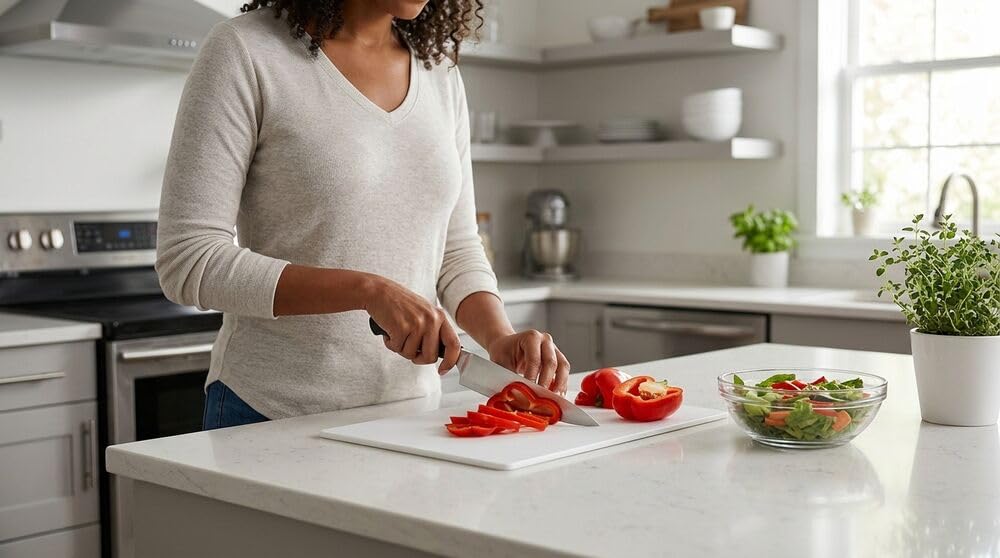 Farberware Extra-Large Plastic Cutting Board, Dishwasher- Safe Poly Chopping Board for Kitchen Meal Prep with Easy Grip Handle, 12-inch by 18-inch, White