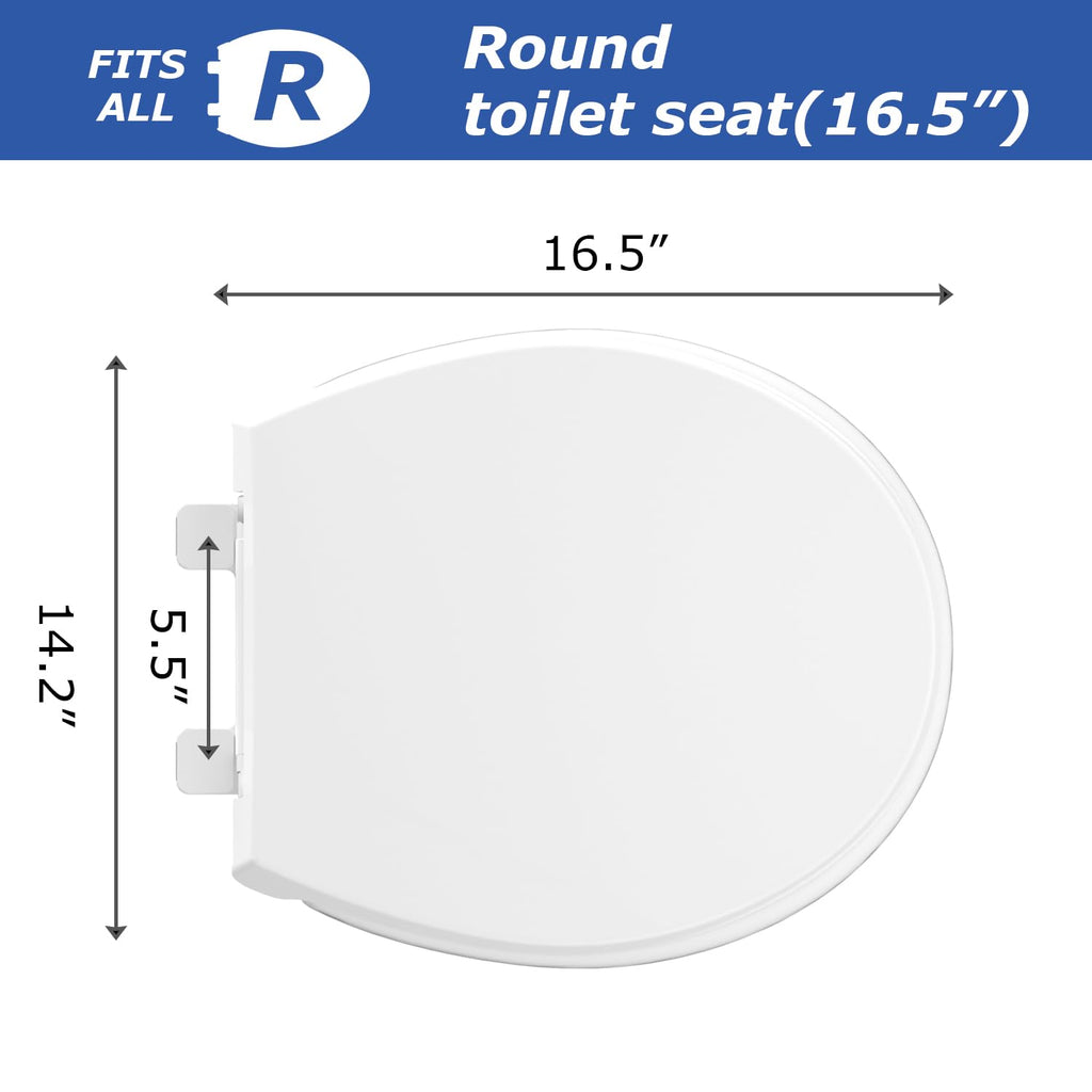 Round Toilet Seat, Standard 16.5” Slow/Soft Close Round Toilet Seat for Round Toilets, No-Slam Quiet-Close Lid, Easy-to-Install, White, Durable Never-Loosen Design