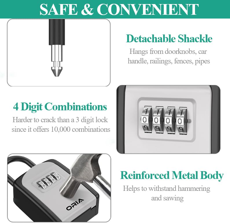 ORIA Key Lock Box, Lock Box for Keys Outdoor with Combination, Shackle, Weatherproof, for House, Hotel or Car - BlackSilver