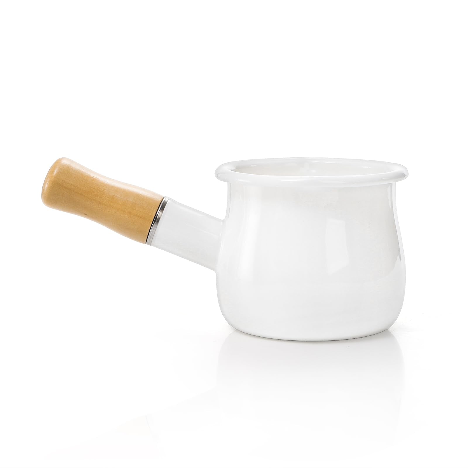 DEAYOU Enamel Milk Pot, 0.6 Quart Mini Butter Warmer Saucepan with Insulated Wooden Handle and Dual Pour Spout, Nonstick Small Soup Pot for Stove Top, Home, Kitchen, Cooking, Heating, Boiling, 18 Oz