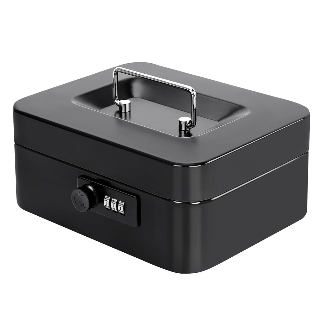 Jssmst Small Cash Box with Combination Lock – Durable Metal Cash Box with Money Tray Black,7.87 x 6.3 x 3.35 inches, CB0701M