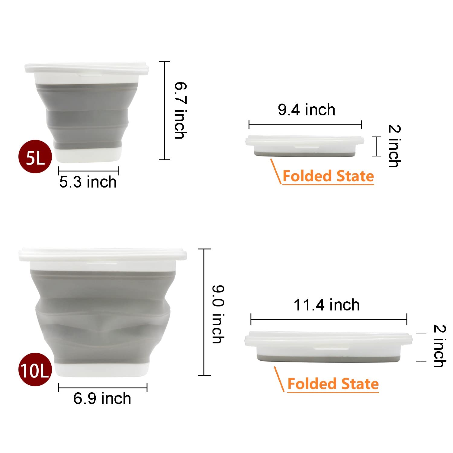 TOSSOW Folding Bucket 10L(2.64 Gallon) Fold-Able Water Container Portable Retractable Plastic Household Travel Used for Clean Car Washing or Home Storage Fishing Barrel (Grey)