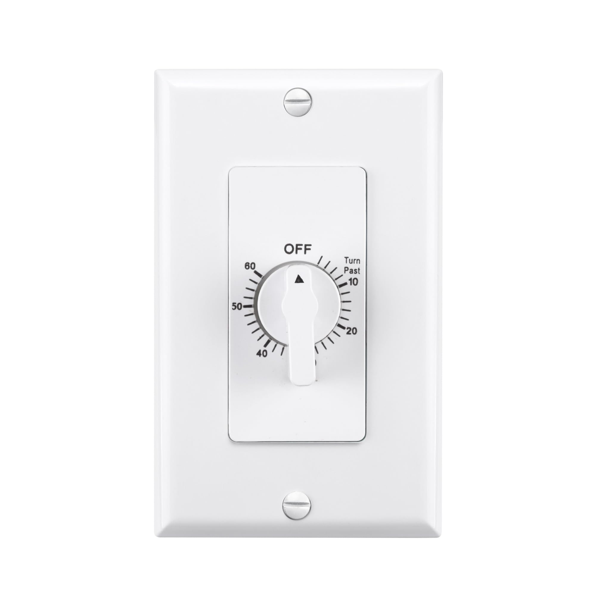 BN-LINK Heavy Duty 60-Minute in-Wall Spring Wound Countdown Timer Switch for Lights, Mechanical Switch Timer for Bathroom Exhaust Fan, No Neutral Wire Required, 2 Wall Plate(White and Silver Metallic)