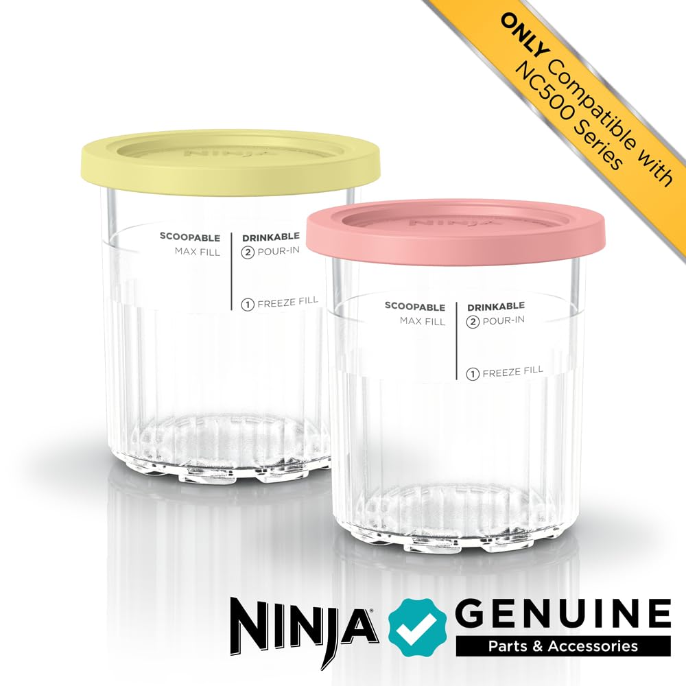 Ninja Creami Pints 2 Pack, Compatible with NC500 Series Creami Ice Cream Makers, BPA-Free & Dishwasher Safe, Color Lids, 1 Pint Each, Clear/Coral/Yellow, XSKPNTLD2