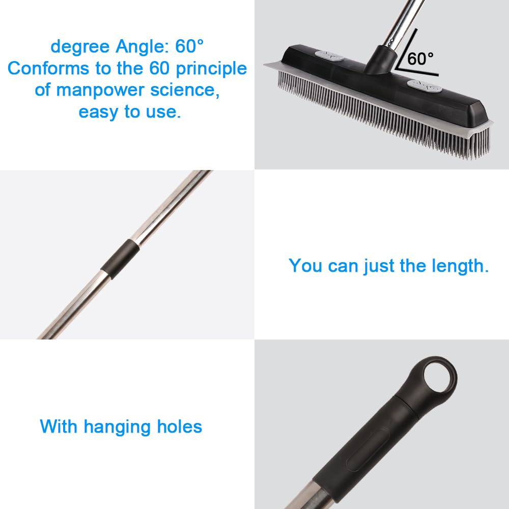 Pet Hair Rubber Broom with Carpet Rake and Squeegee, 2 in 1 Floor Brush for Carpet, 62 inch Adjustable Handle,silicone broom Black (2)