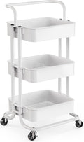 3-Tier Rolling Utility Cart, Multifunctional Metal Organization Storage Cart with 2 Lockable Wheels for Office, Home, Kitchen, Bedroom, Bathroom, Laundry Room by Pipishell (White)