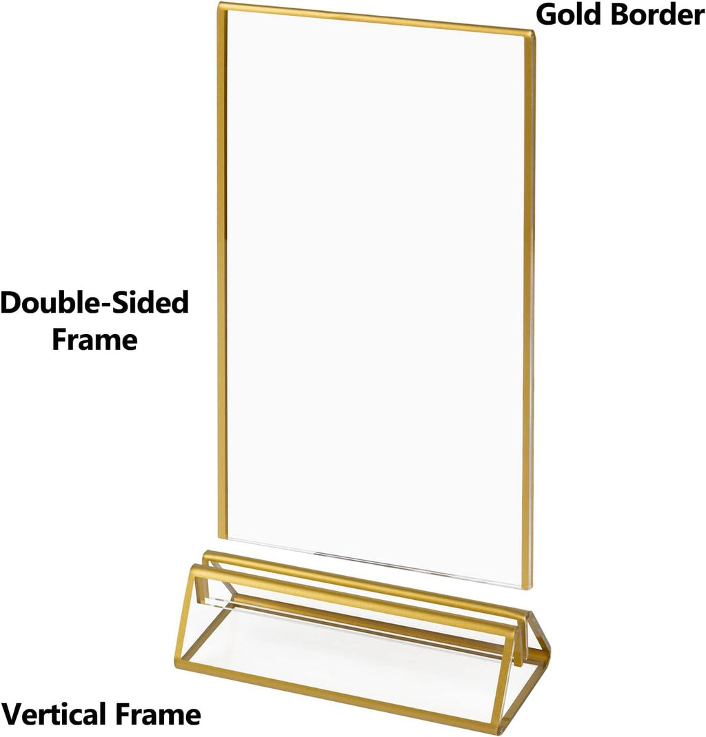 Gold Frames 5 x 7 inch/ 13x18 cm 6 Pack, Acrylic Picture Frame Double Sided Stand, Table Number Sign Set Holders, Clear Menu Flyer Display Floating Desk Stands for Wedding, Party, Restaurant - Vertical