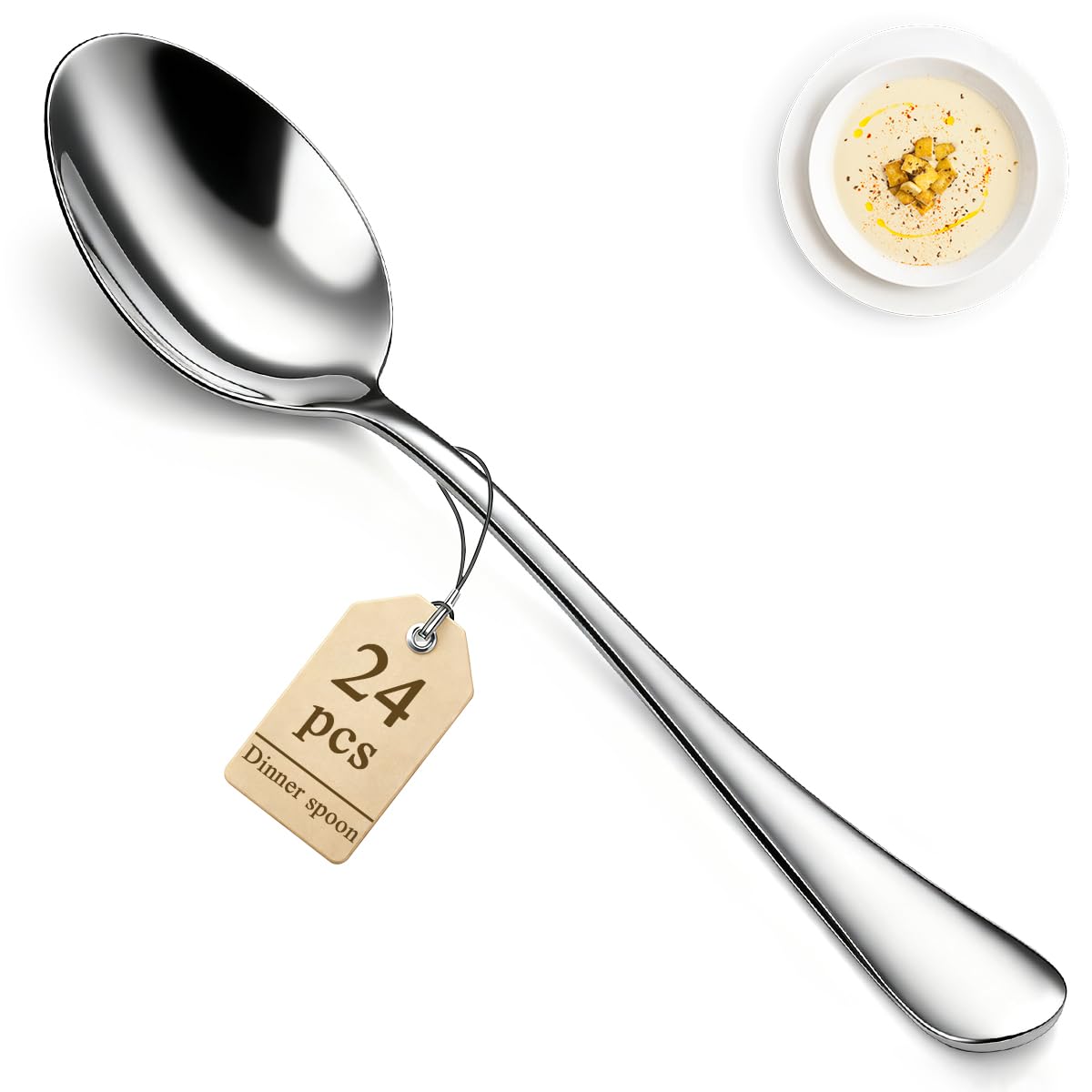 Berglander Dinner Spoons Set 24pcs, 18.7cm Food Grade Stainless Steel Silverware Soup Spoon Tablespoon for Home, Hotels or Restaurant Mirror Polished, Dishwasher Safe