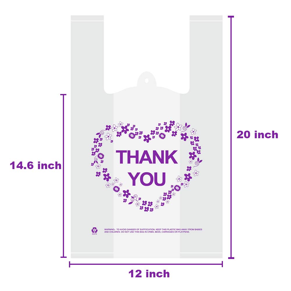 LazyMe Thank You T Shirt Bags, White Plastic Grocery Bags with Handles, Standard Supermarket Size, 12 x 20 inch (100 PCS)