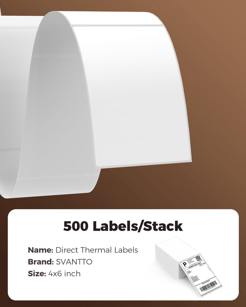 SVANTTO 4x6 Thermal Labels, Strong Adhesive and Perforated Shipping Labels, Thermal Printer Labels for Mailing Postage Address, Compatible with Rollo, Munbyn, Zebra & Nelko Printer（500Pcs/Stack）