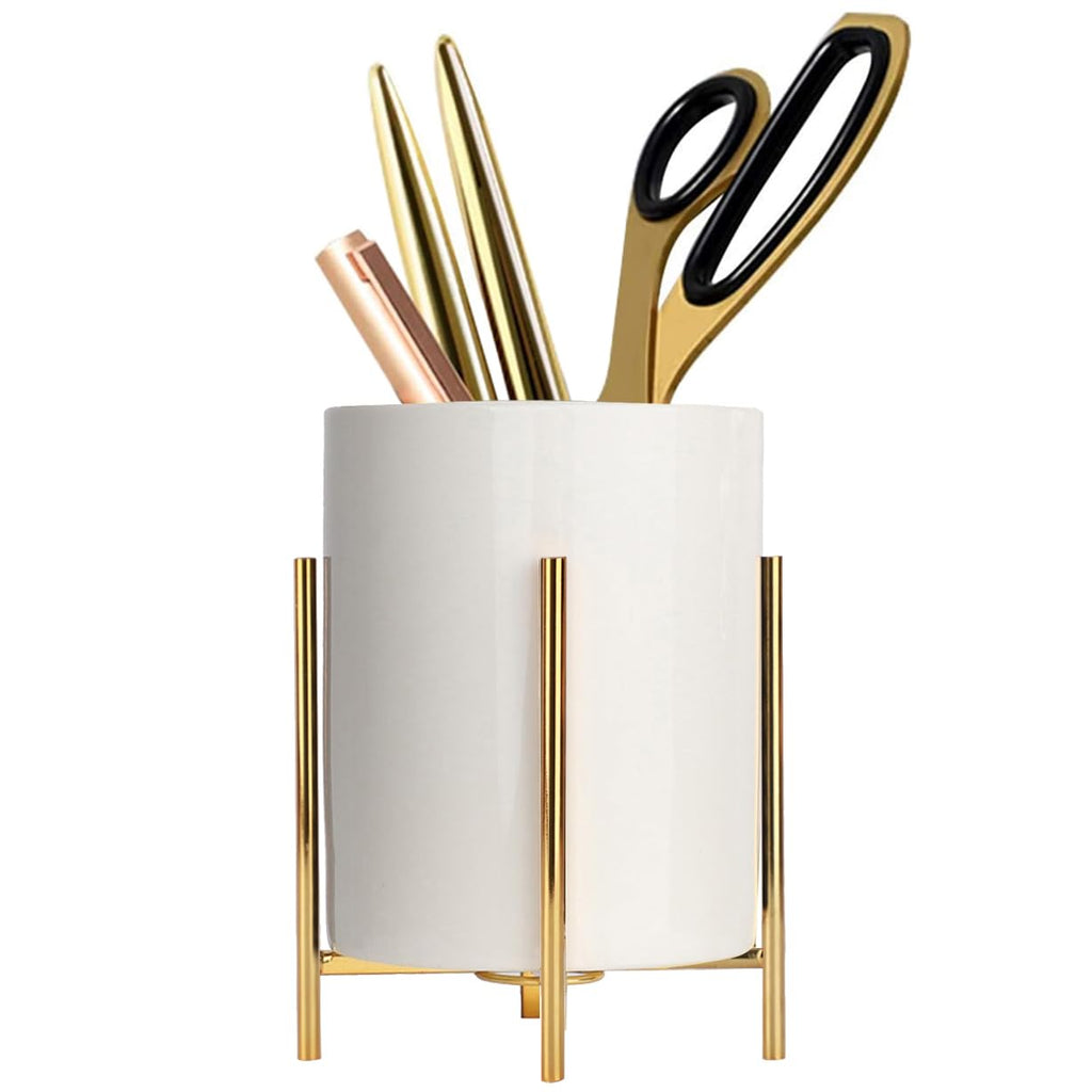 Office Pencil Holder Desktop Pen folder White ceramic With Metal Frame(1Pack 4.6 3.14in),Gold