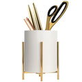 Office Pencil Holder Desktop Pen folder White ceramic With Metal Frame(1Pack 4.6 3.14in),Gold