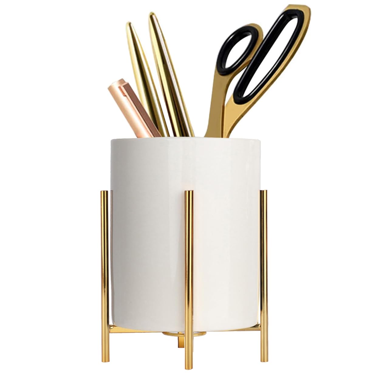 Office Pencil Holder Desktop Pen folder White ceramic With Metal Frame(1Pack 4.6 3.14in),Gold
