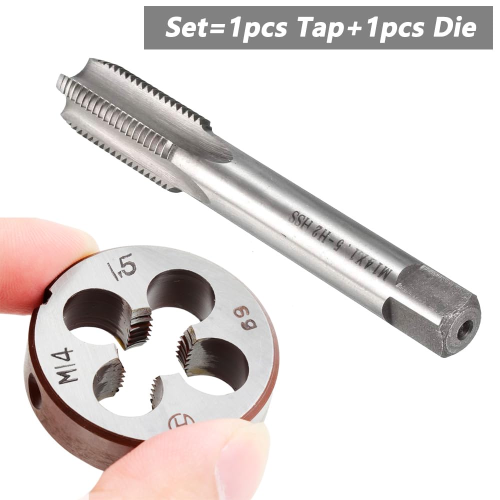 Saipor M14 X 1.5 Metric Tap and Die Set M14 X 1.5mm HSS Straight Fluted Machine Thread Right Hand Screw Tap and Round Threading Die