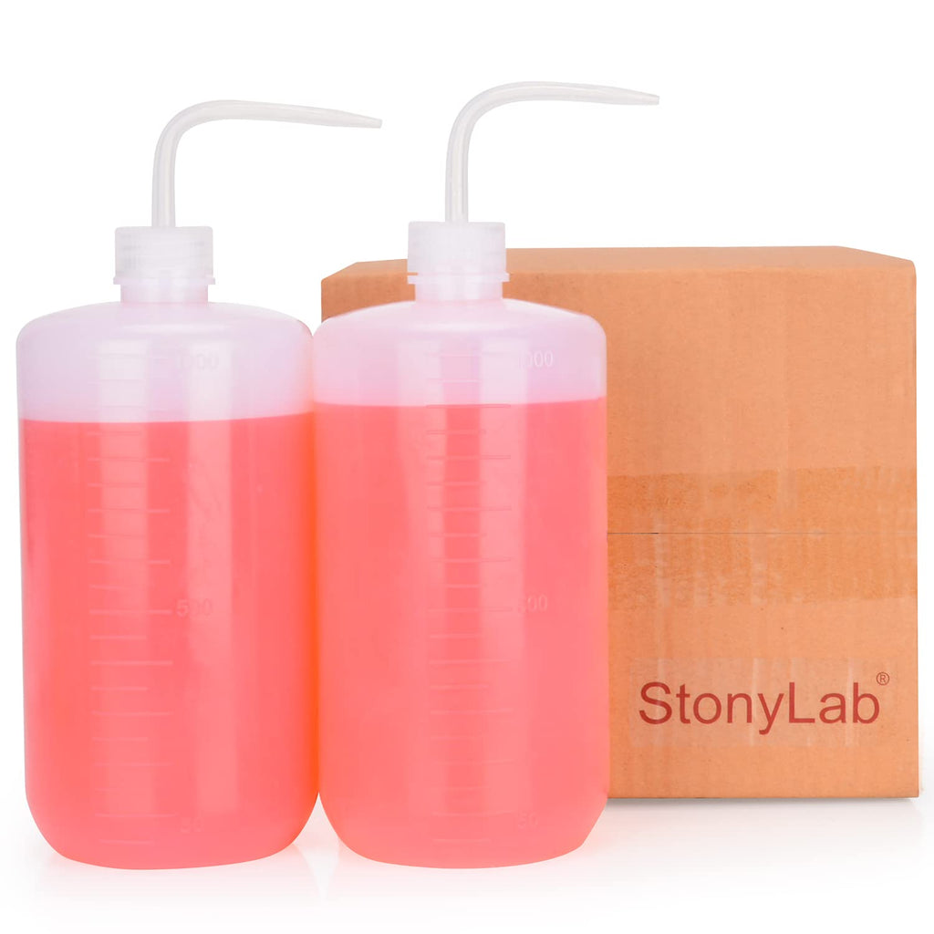 stonylab Chemical Wash Bottle, 2-Pack Plastic Safety Lab Squeeze Wash Bottle, LDPE with Narrow Mouth, 1000 ml (2 Pack)