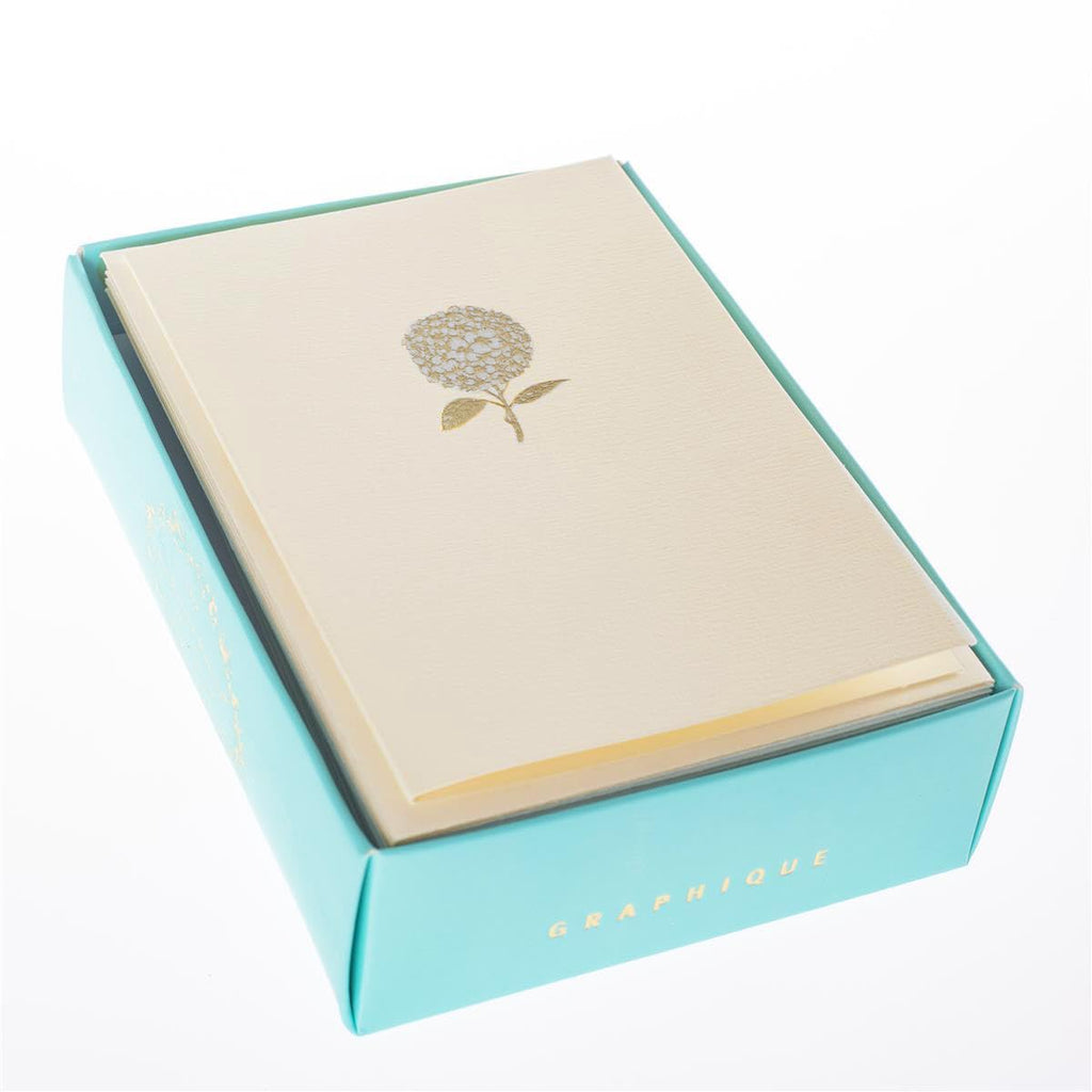 Graphique Hydrangea La Petite Presse Boxed Notecards - 10 Embellished Gold Foil Blank Cards with Matching Envelopes and Storage Box, 3.25" x 4.75" (L1346CB)