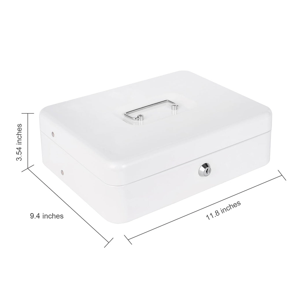 Cash Box with Money Tray and Lock, Money Box for Cash, Cash Register for Small Businesses, Metal Lock Box for Money Tiered 11.8 x 9.4 x 3.54 Inches White