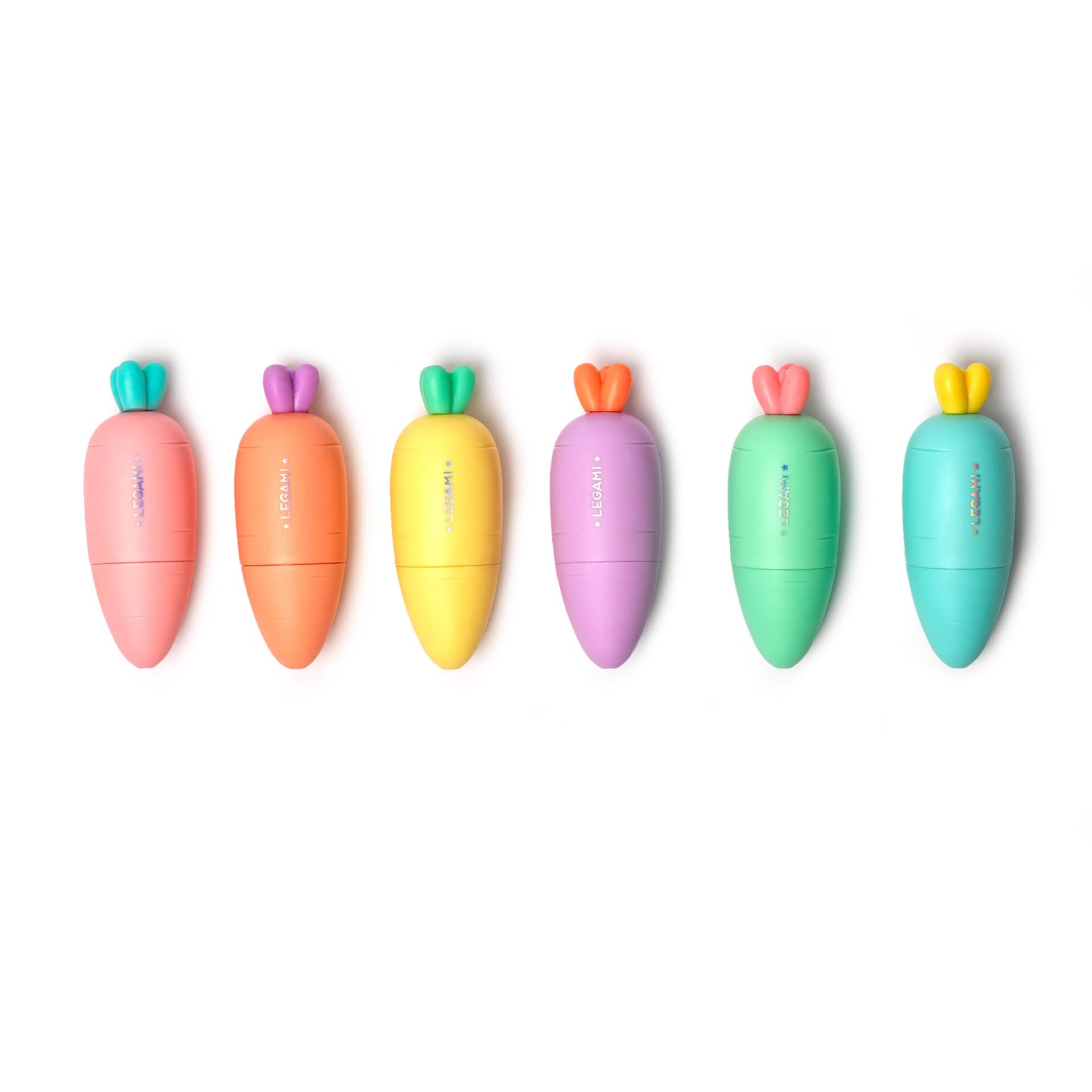 Legami HC0001 Set of 6 Mini Highlighters, Carrate Team, Carrot Shape Highlighters, Water Based Inks, for Fine and Thick Lines, Pastel Colours, Quick Drying
