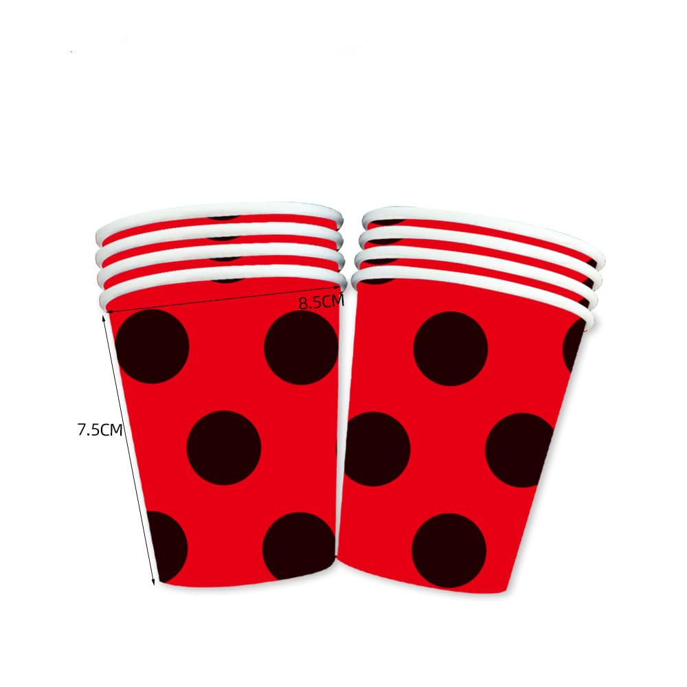 SKTMH 100 Pcs Ladybug Tableware: Red & Black Polka Dot Plates, Napkins, Cups & Straws - Ladybug Birthday Party Decorations