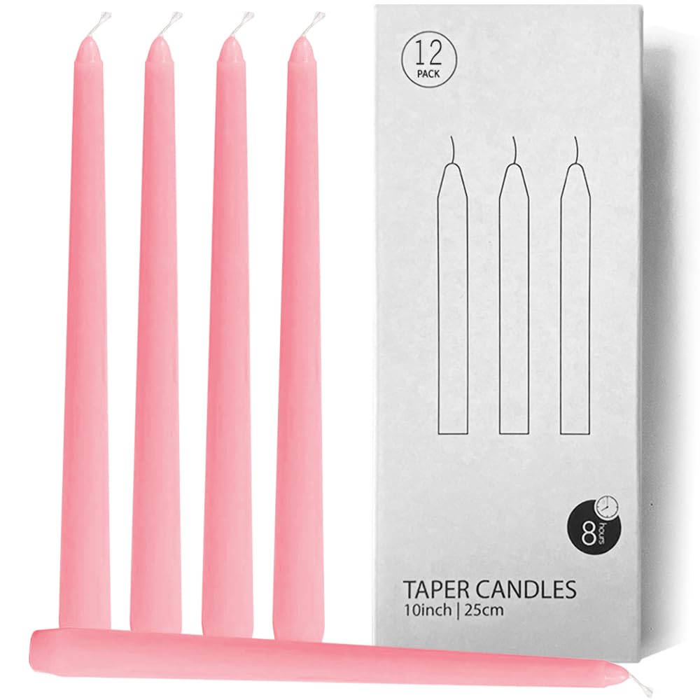 Topsics 12 Pack Taper Candles, 10 Inch Unscented Long Candles, Christmas Taper Candles Red, Perfect for Dinner, Party, Christmas Décor (Light Pink)