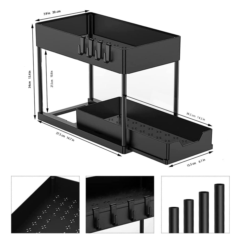 Under Sink Organizer 2 Set - Tomekji Under Sink Storage, Sliding Drawer Pull Out with Hooks for Kitchen Bathroom, No Hanging Cups（Black）