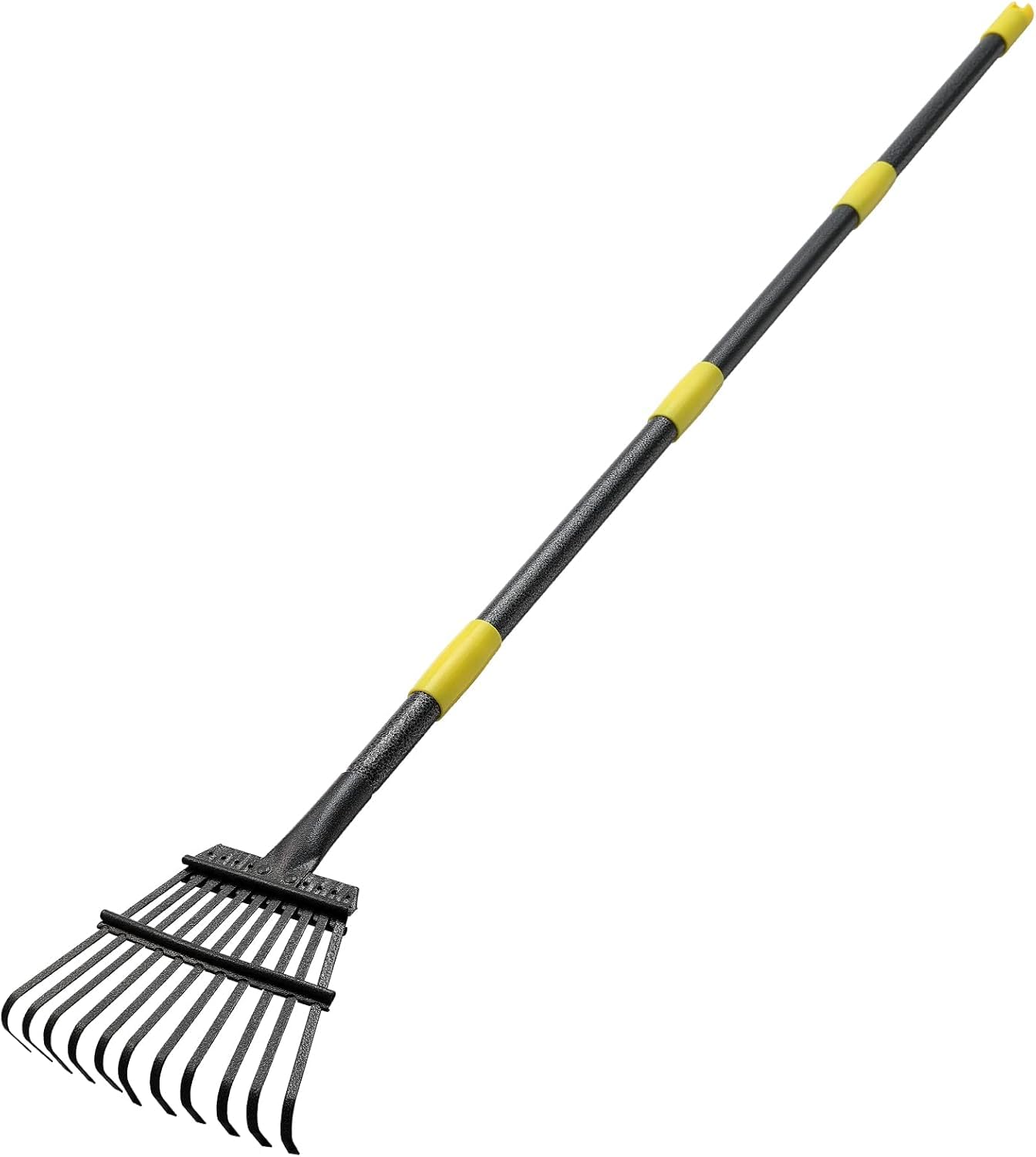 Garden Leaves Rake - 73 Inch Heavy Duty Small Shrub Rake - 11 Metal Tines - 8.5 inch Wide, Adjustable Handle,Garden Leaf Rakes for Collecting Debris Among Flower Beds, Delicate Plants, Lawns ,Yard