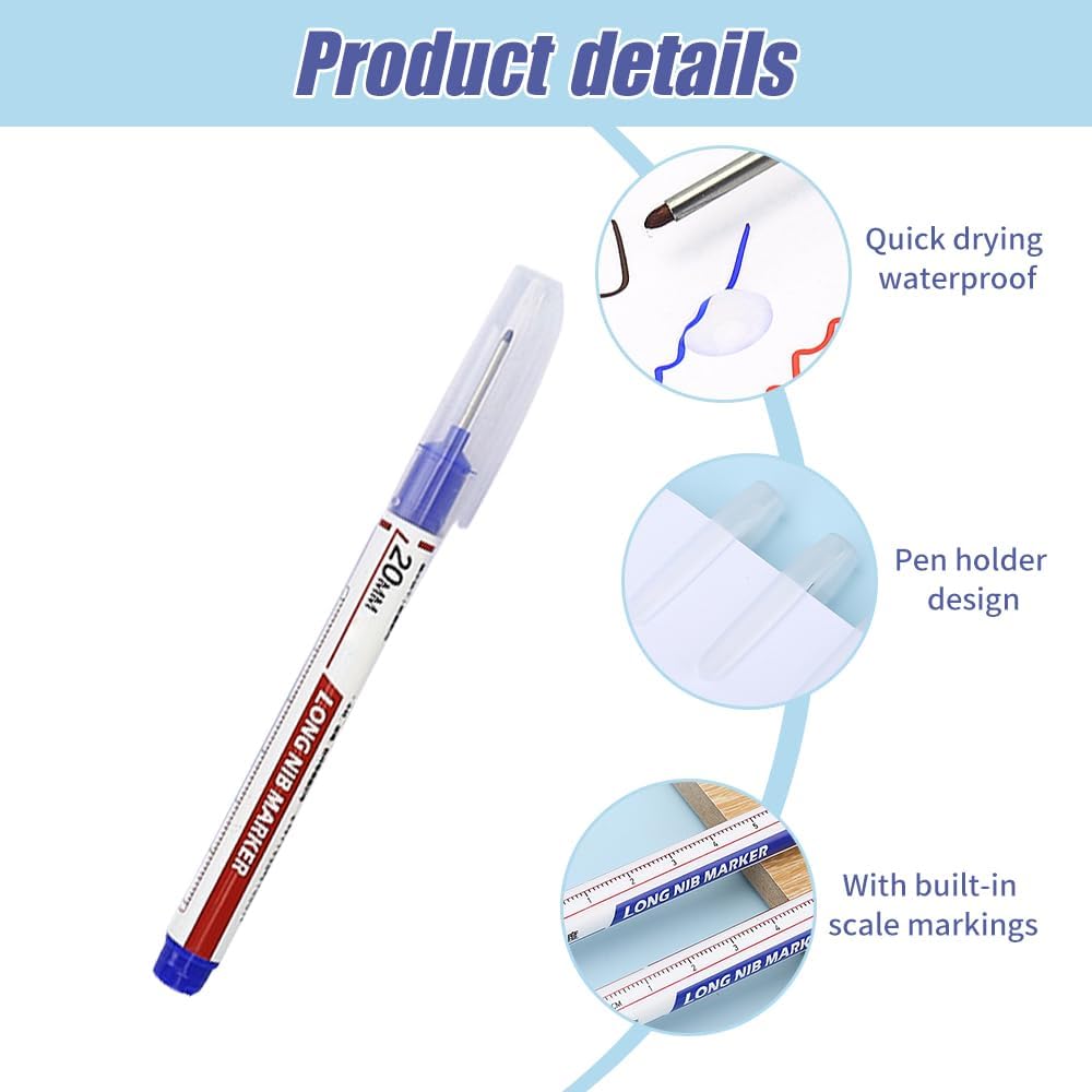 20PCS 20mm Long Nib Marker Long Head Deep Hole Marker Pens Permanent Markers Carpenter Ink Quick-dry Waterproof Pen Multi-purpose Construction Tools for Welding Drill Woodworking (Black)