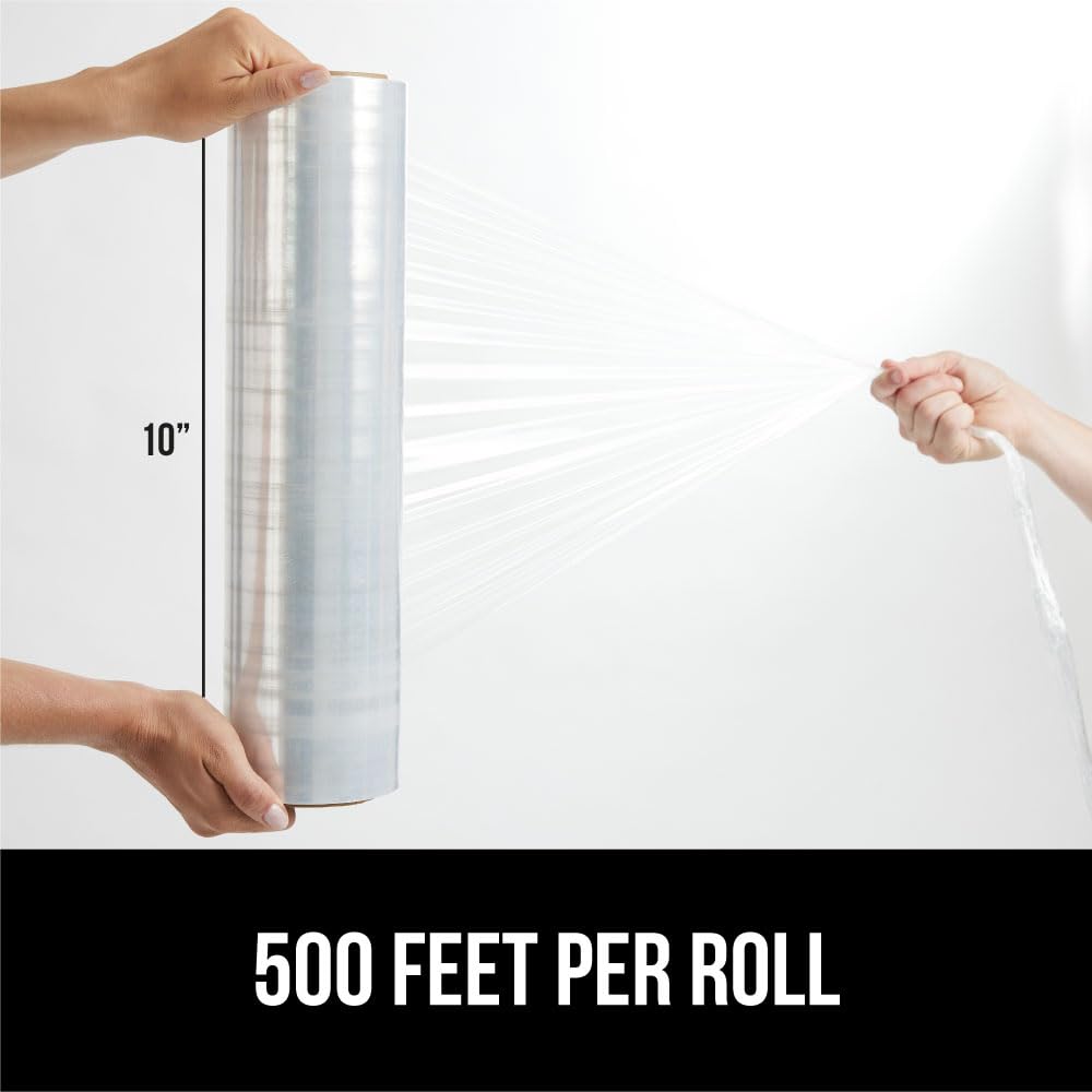 GORILLA GRIP 500% Stretch Film Heavy Duty Plastic, 500ft Shrink Wrap Roll 10" Puncture Resistant, Industrial Strength for Shipping, Pallet Storing, Moving, Packing Furniture Protection 1 Pack Clear