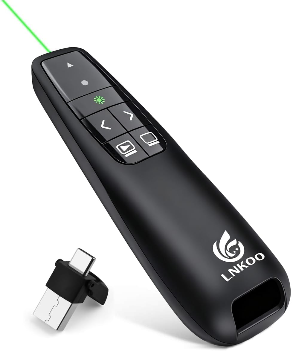 LNKOO Presentation Remote, RF 2.4GHz Wireless Presenter Green Light PowerPoint PPT Presentation clicker 2 in 1 USB and Type C Remote Control Slideshow Advancer Clicker