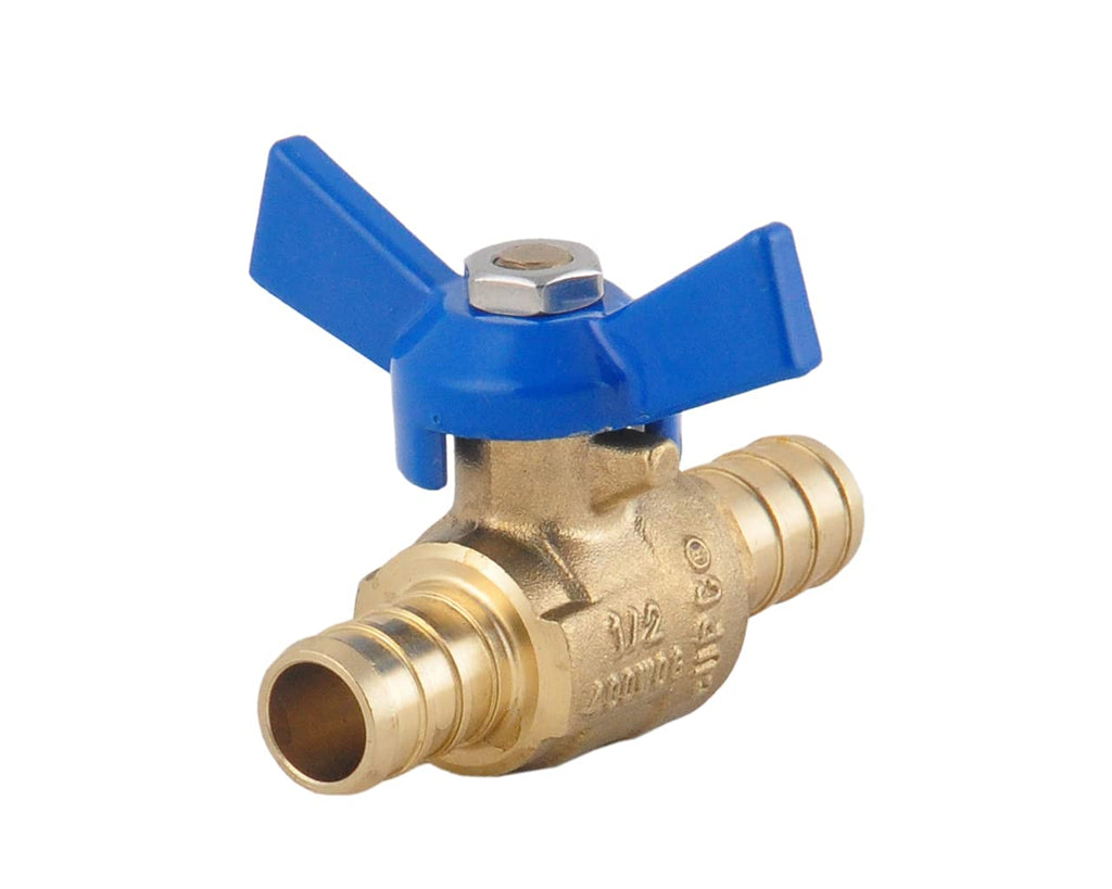 PEX Brass Ball Valve, 1/2-in PEX Lead Free Brass Shut Off Ball Valve with Red & Blue T (Butterfly) Handle, PEX Barb Water Valve with cUPC Certified for Cold and Hot Water (4-Pack)