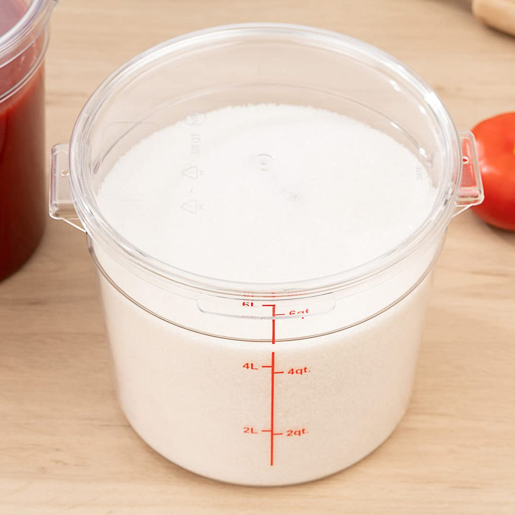 Restaurantware-Met Lux 6 Quart Food Storage Container, 1 Round Commercial Storage Container - Lid Sold Separately, with Volume Markers, Clear Plastic Food Prep Bucket, Space-Saving Storage