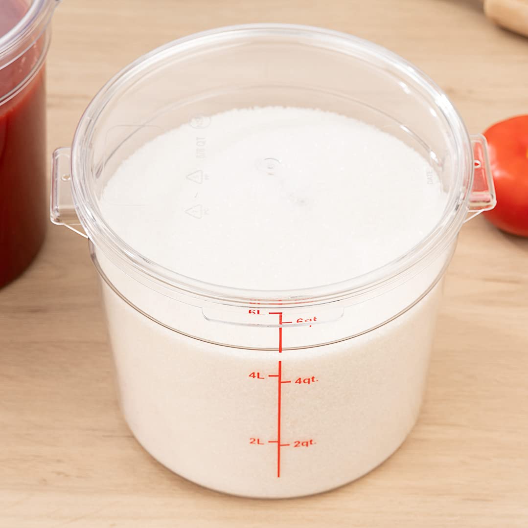 Restaurantware-Met Lux 6 Quart Food Storage Container, 1 Round Commercial Storage Container - Lid Sold Separately, with Volume Markers, Clear Plastic Food Prep Bucket, Space-Saving Storage