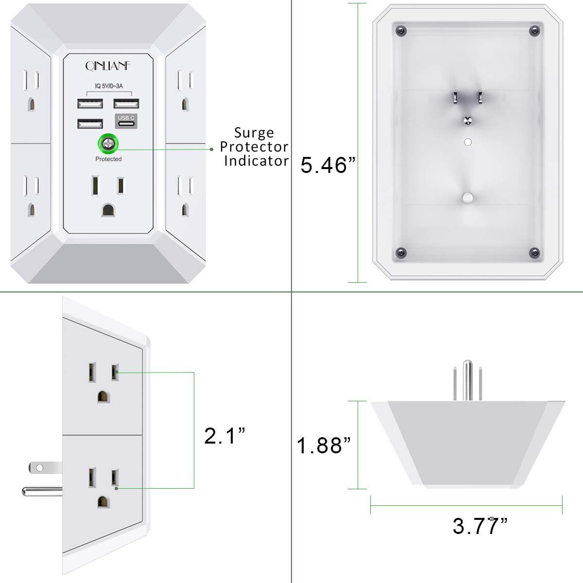 Wall Charger, Surge Protector, QINLIANF 5 Outlet Extender with 4 USB Charging Ports (4.8A Total) 3-Sided 1680J Power Strip Multi Plug Adapter Spaced for Home Travel Office (3U1C)