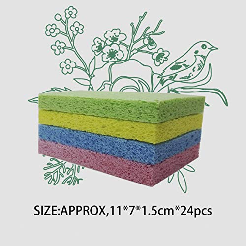 Cellulose Sponges Kitchen, for Washing Dishes, in Bulk, 24 Pack (3 Count x 8 Individually Wrapped + 2 Free Scouring Pads), 100% Natural Biodegradable