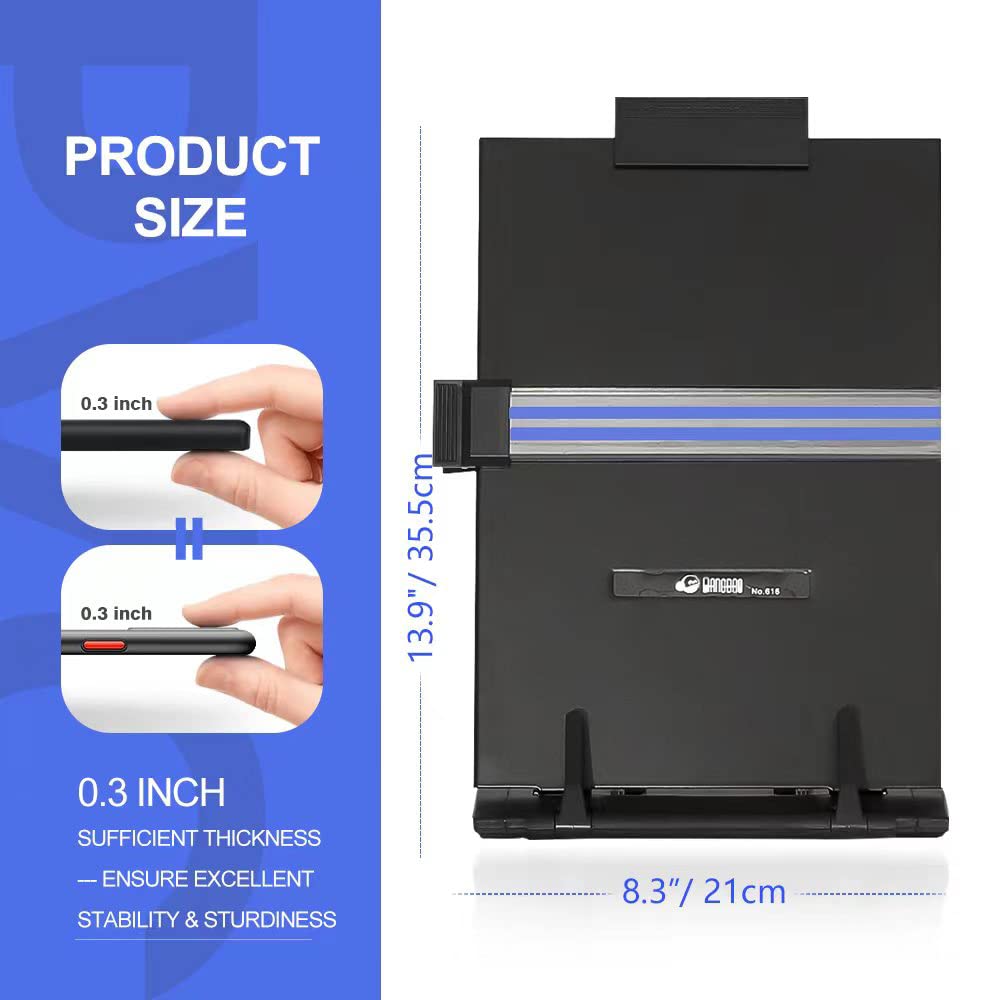 OSPNIEEK 2 Pack Desktop Document Holder Stand with 7 Adjustable Position, Black Metal File Organizer Copyholder for Typing Speech Reading A4 Letter Music Book Tablet Office, with Paper Clip Line Guide