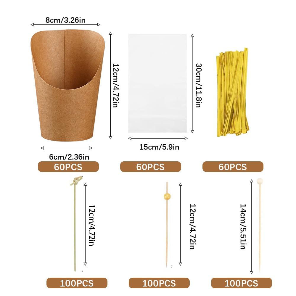 60 Pack 14oz Charcuterie Cups,Kraft Paper Snack Boxes with Cocktail Picks,Appetizer Boards Accessories Disposable Cups Sticks and Bags,French Fry Holder Skewers.