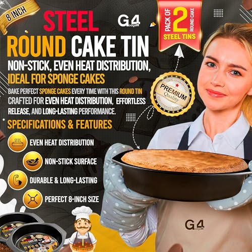 G4gadget 8 Inch Round Cake Pans, Non stick Deep Baking Pan for Round Layer & Cheese cake, Non-Toxic Healthy Metal Cake Tin for Birthday Wedding Party, Straight Side & Dishwasher Safe - Set of 2