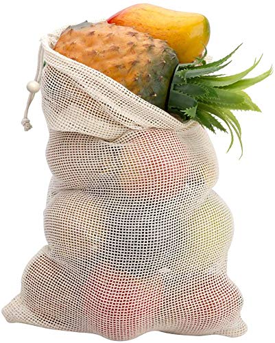 E-Know Produce Bags,11 Pack Reusable Produce Bags,Natural Mesh Cotton, Zero-Waste Produce Bags,Durable Double-Stitched Seams 3 Small,4 Medium, 3 Large,1 Storage Bag
