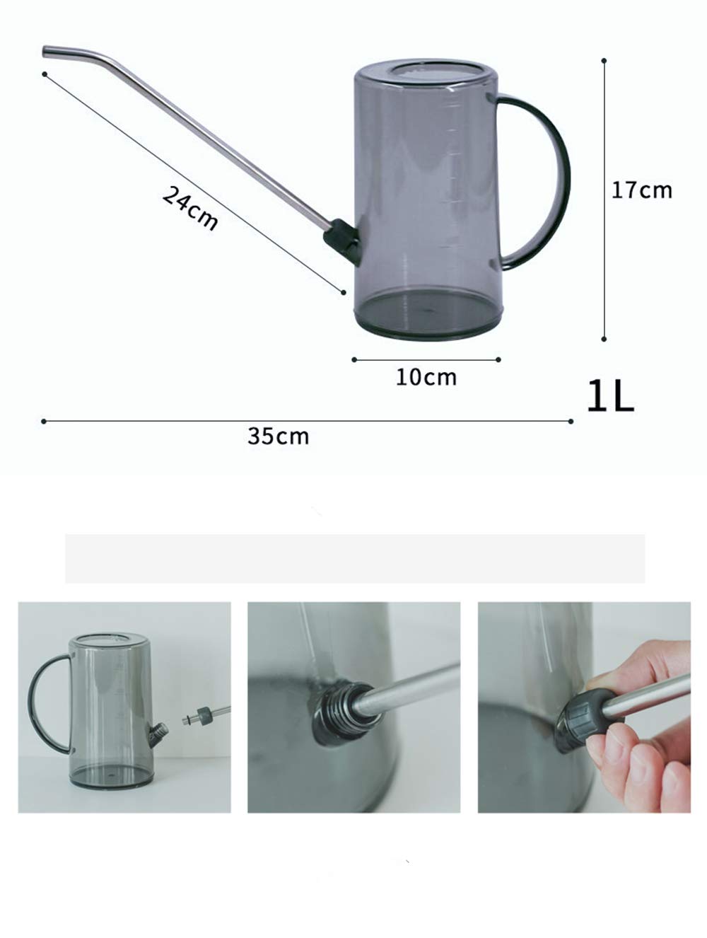 Nerseki 1 Litre/ 35 OZ Long Spout Watering Can for Succulents Bonsai Catus Plants Indoor Outdoor (Grey)