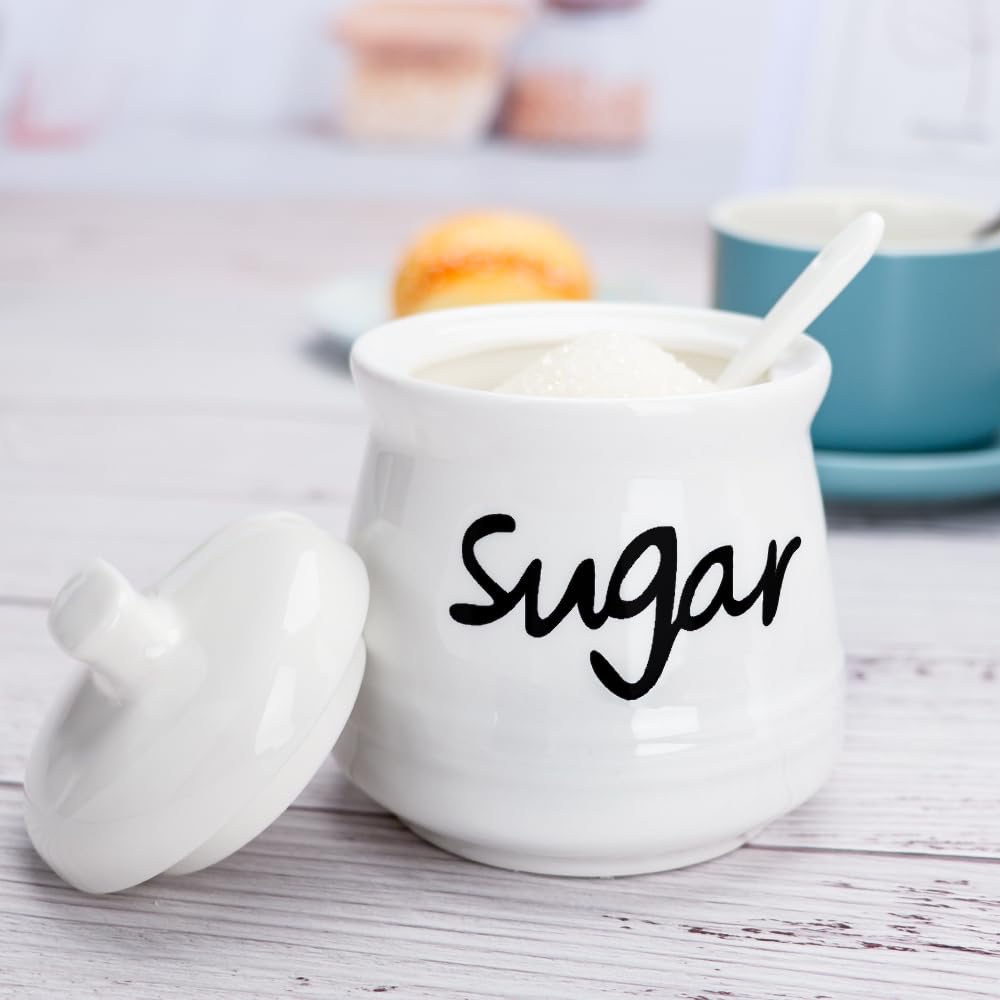 Swetwiny Porcelain Sugar Bowl with Lid and Spoon, 12 Ounces Ceramic Sugar Storage Jar Sugar Dispenser, White Seasoning Container for Home and Kitchen (Sugar)