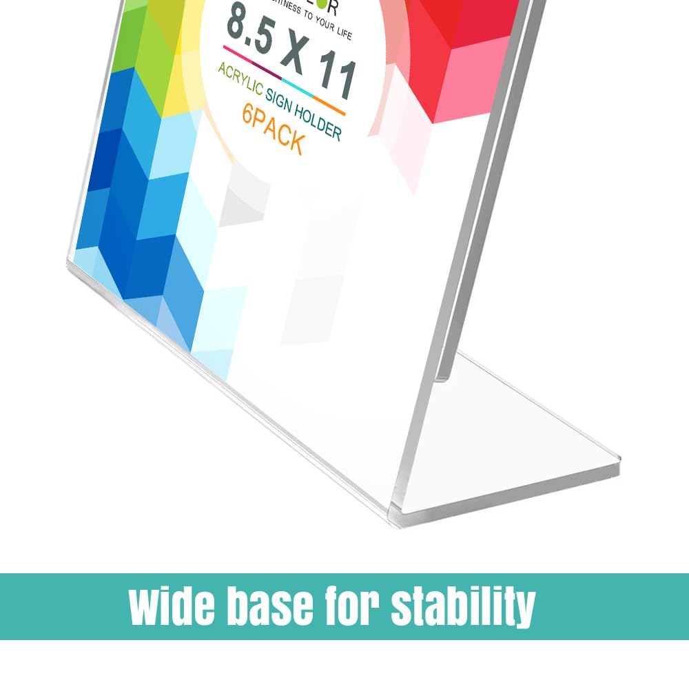 ADColor Acrylic Sign Holder 8.5 x 11 - Vertical Slant Back Clear Display Stand for Table Signs, Menu, Flyer, Brochure & Document - Plastic Frame for Office Desktop, Store, Restaurant, Home, Show Fair, 6 Pack