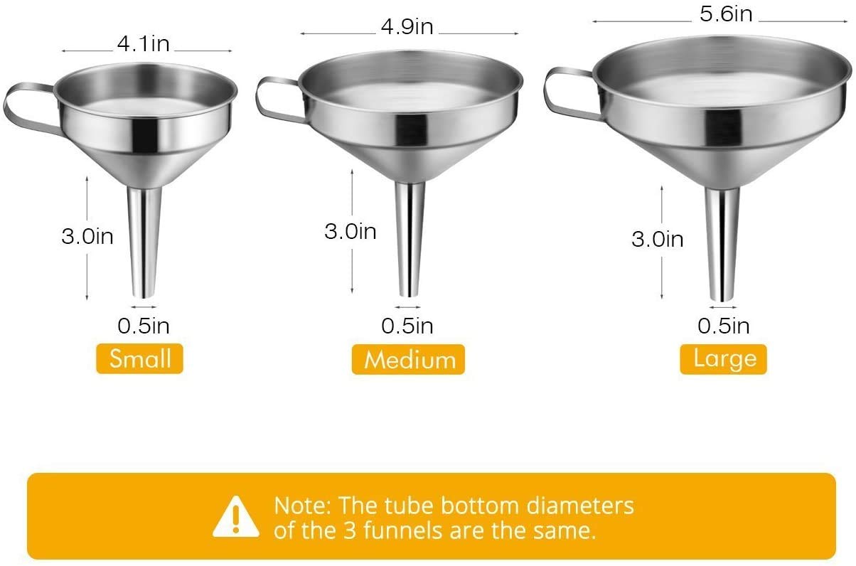 Lakatay Kitchen Funnel, 3 Piece Stainless Steel Funnels Set with Handle Design and Removable Strainer, Great for Transferring of Liquid, Fluid, Dry Ingredients & Powder, Funnels for Filling Bottles