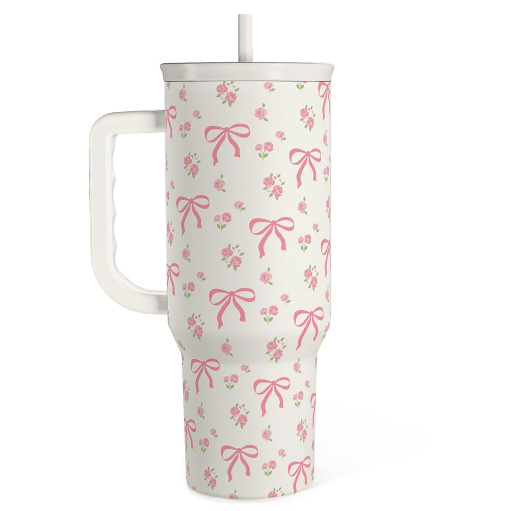 Bow Tumbler with Handle 40oz, Stainless Steel Insulated Tumblers Coffee Travel Cup with Slider Straw Lid, Gifts for Women Teen Girls Birthday