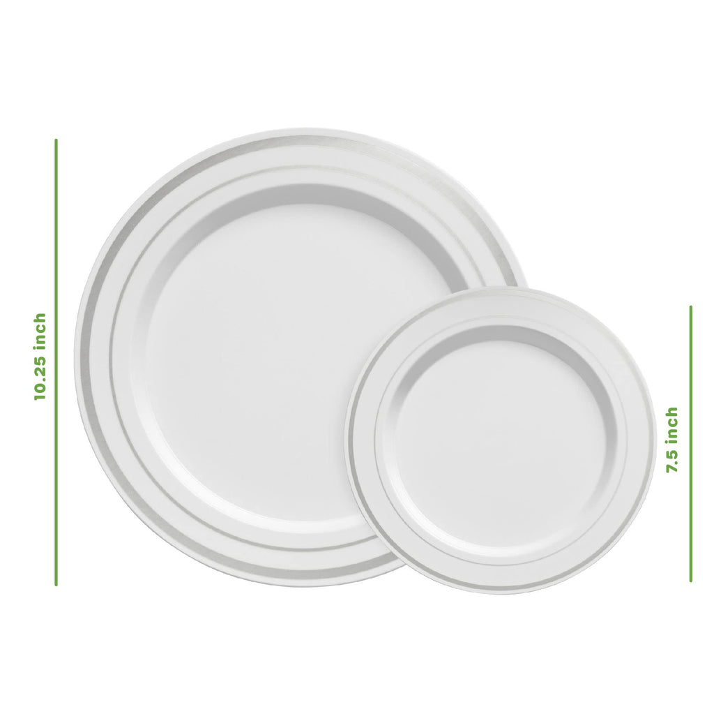 SETUP [60 Piece] Combo White Silver Rimmed Plates, Disposable Plates for Party - Premium Heavy-Duty Wedding Plates, 30 Disposable 10.25" Dinner Plates and 30 Disposable 7.5" Salad Plates