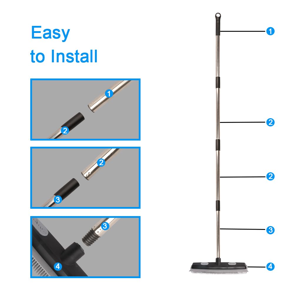 Pet Hair Rubber Broom with Carpet Rake and Squeegee, 2 in 1 Floor Brush for Carpet, 62 inch Adjustable Handle,Black (1)