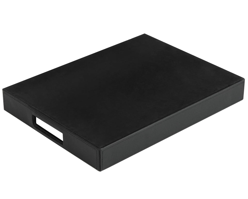 HofferRuffer Rectangle Serving Tray with Hole Handles for Coffee Table, Breakfast, Tea, Food, Butler - Countertop, Kitchen, Vanity Serve Tray, 16.2 x 12.2 x 2 inches, Faux Leather Tray (Black)