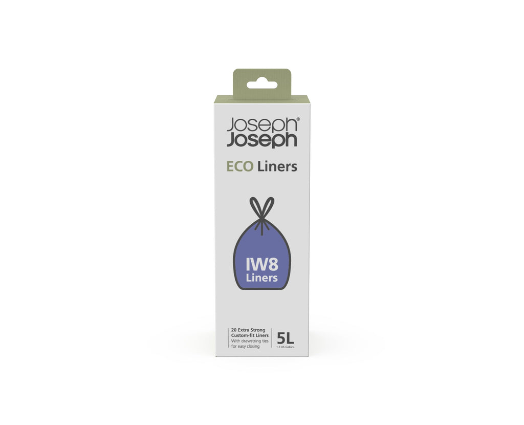Joseph Joseph Eco Liners IW8 Eco Recycled plastic Bin Liners, Kitchen Bathroom Trash Bags With Tie Tape Drawstring Handles, Extra Strong – Pack of 20, Holds 5 Litres/ 1.3 Gallons