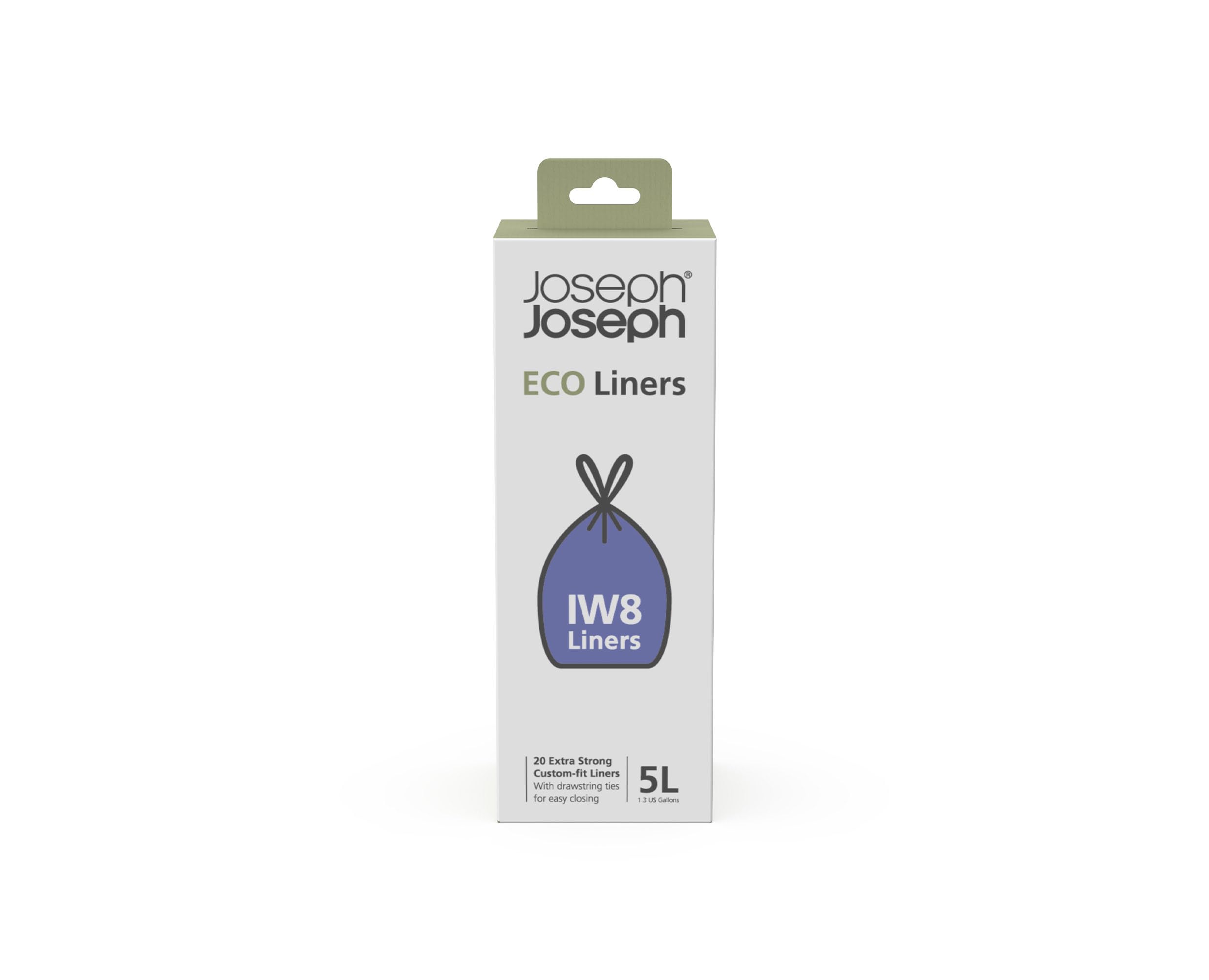 Joseph Joseph Eco Liners IW8 Eco Recycled plastic Bin Liners, Kitchen Bathroom Trash Bags With Tie Tape Drawstring Handles, Extra Strong – Pack of 20, Holds 5 Litres/ 1.3 Gallons