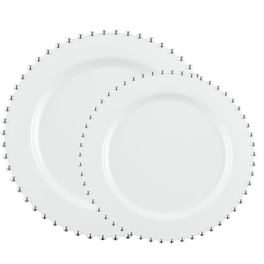 PLASTICPRO 32 Piece Combo Plastic Dinner Plates Disposable Plastic Fancy Heavy Duty Party Dishes 7 inch and 10 inch, White and Silver Beaded